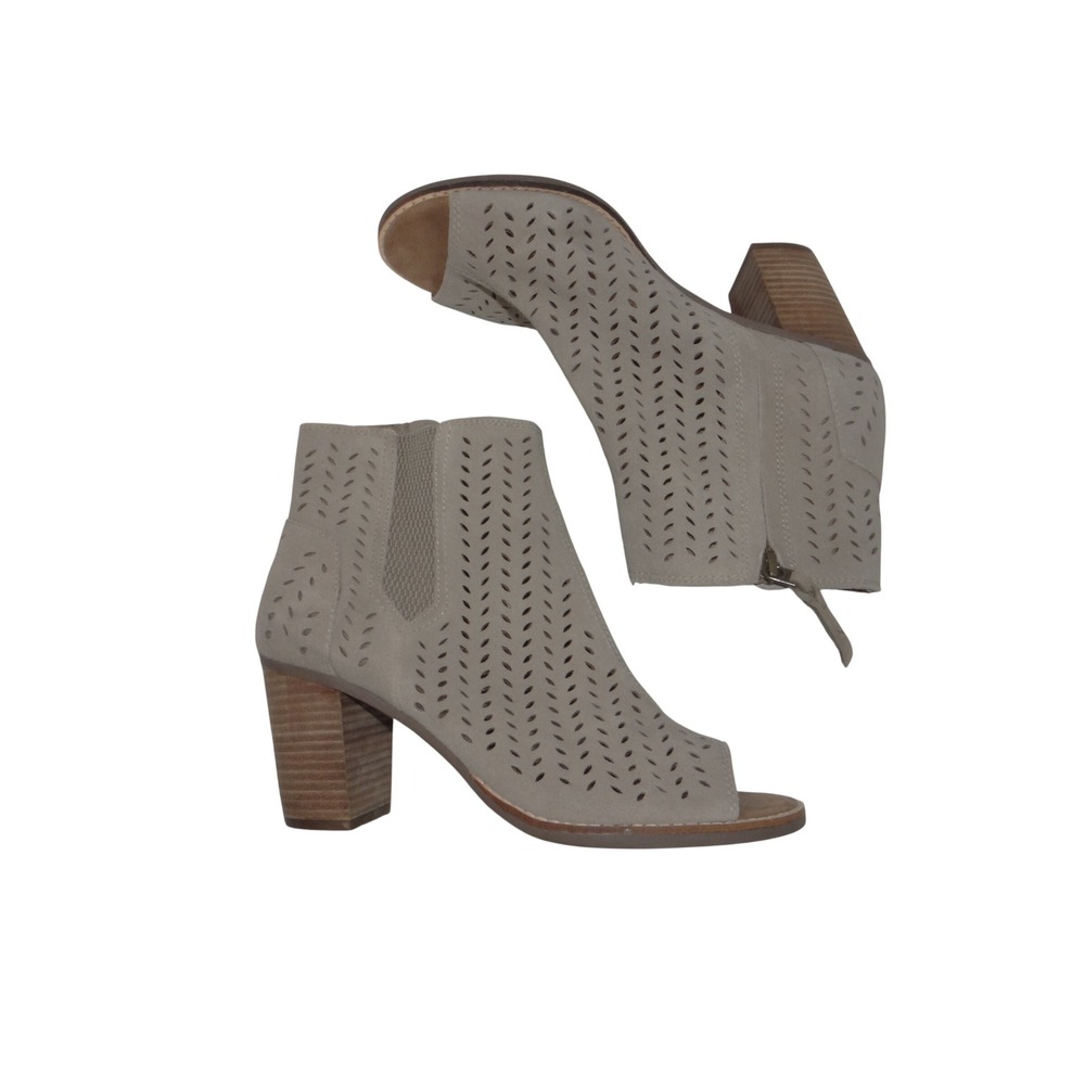 TOMS Majorca Taupe Suede Perforated Peep Toe Block Heel Booties Womens 9